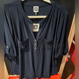 Anne Klein navy top v neck 3 gold buttons